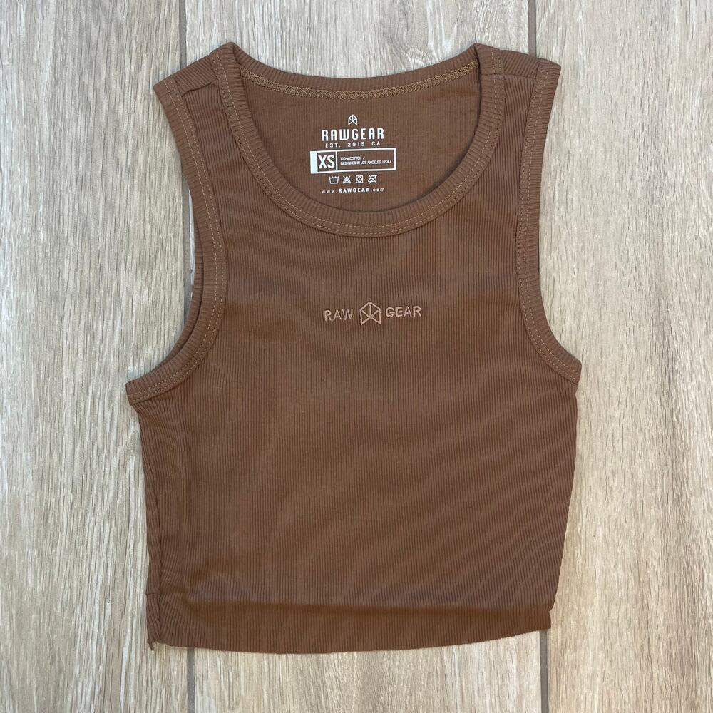 RawGear Cropped Rib Tank Brown Clay XS 100% Cotton Athletic Gym Crop Shirt NWT